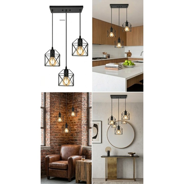 Lámpara colgante lineal 3 luces tipo jaula