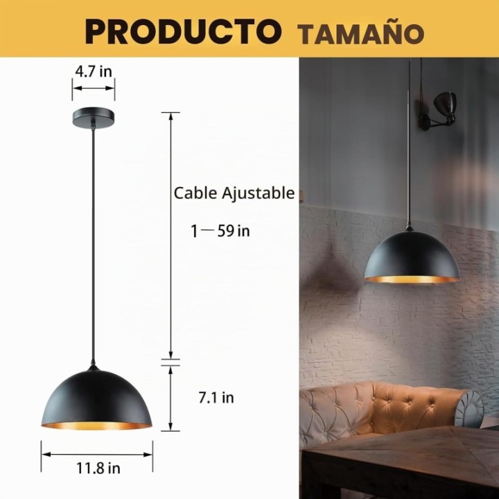 Lámpara colgante tipo domo con interior dorado