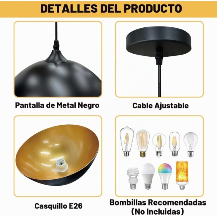 Lámpara colgante tipo domo con interior dorado
