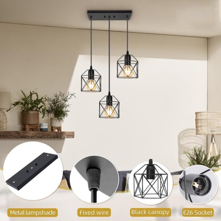 Lámpara colgante lineal 3 luces tipo jaula
