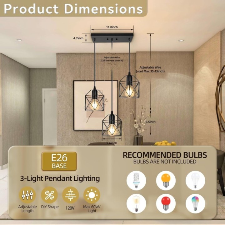 Lámpara colgante lineal 3 luces tipo jaula